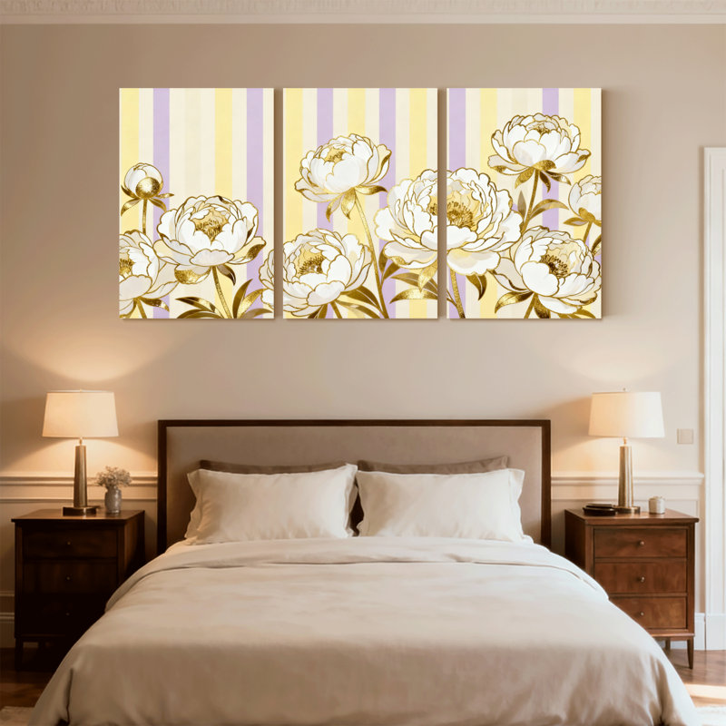 Plantes et fleurs, pivoines blanches dorées sur fond rayé, ensemble de 3 impressions sur toile, H 24 po x l 48 po