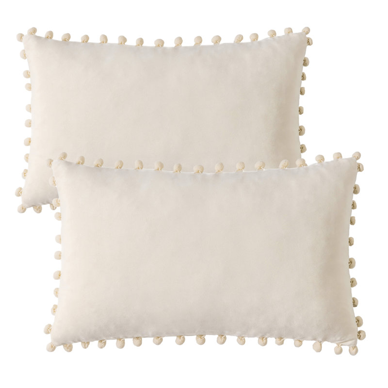 Silky Velvet Series Pom-poms Decorative Throw Pillow, Off White, Pillow Cover & Insert, Rectangle 12"H x20"W
