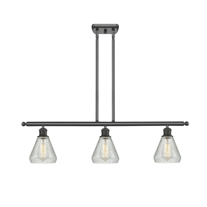 Luminaire suspendu linéaire à 3 lumières pour îlot de cuisine Berlin, Transparence craquelée, Bronze huilé