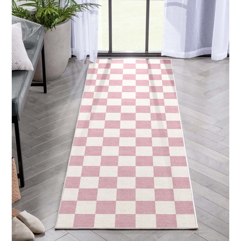 Tapis rose en polyester tissé à la machine Kehr, Tapis de couloir 2 pi 3 po x 7 pi 3 po
