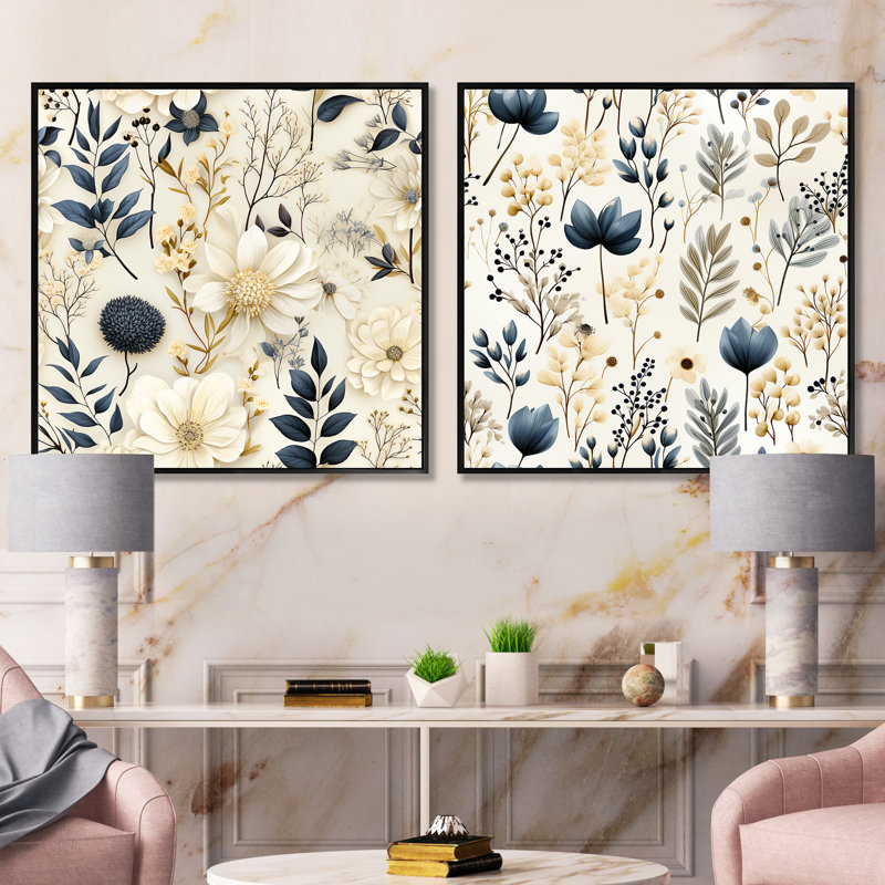 Botanical Sketches - Ensemble de collage floral et botanique carré de 2, H 36 po x l 73 po, Cadre flottant noir