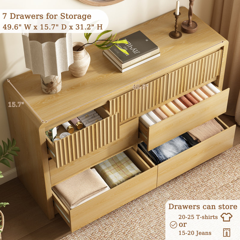 Modern 50" 7 Drawer Dresser For Bedroom,Wood Dresser Chest,TV Stand for Living Room, Beige