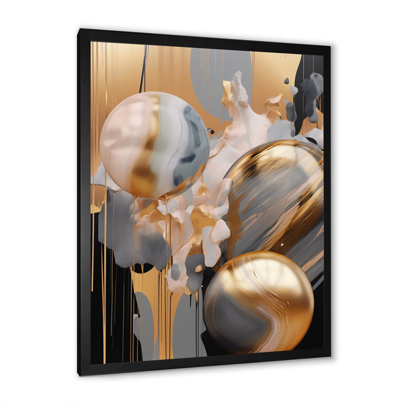 Or mystique doré et gris - Formes abstraites, impressions sur toile, H 20 po x l 12 po x P 1 po, Cadre simple noir