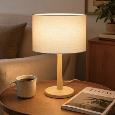 16.3" Modern Natural Wood Table Lamp with Beige Linen Drum Shade and Stepless Dimmer, UL‑Listed for Bedside, Home Offices, Study Room or Living Room Ambient Light
