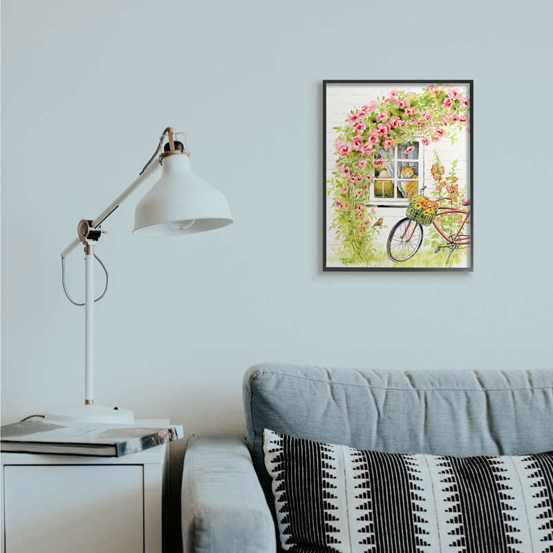 Vélo rose avec chalet charmant pour chat, H 20 po x l 16 po, Giclée encadrée noir minuit
