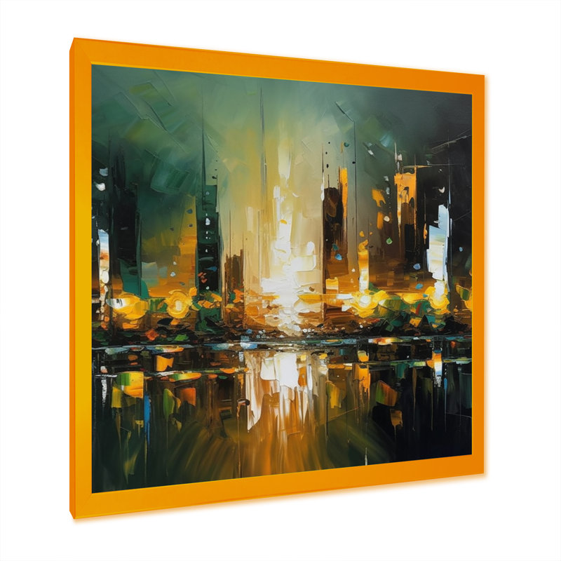 «Abstract City Skyline 1» - Impression, H 16 po x l 16 po x P 1 po, Encadrement doré