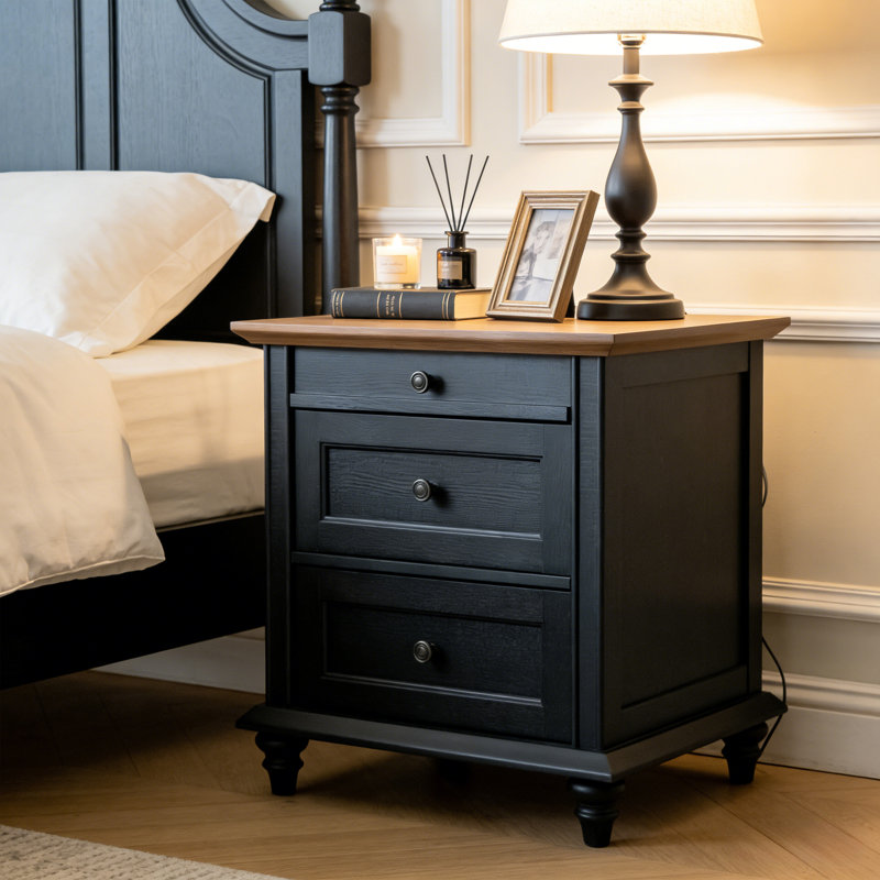 23.6” W Farmhouse Rutland With 3 Storage Drawers, Bedside Table With Solid Wood Legs For Bedroom, Black