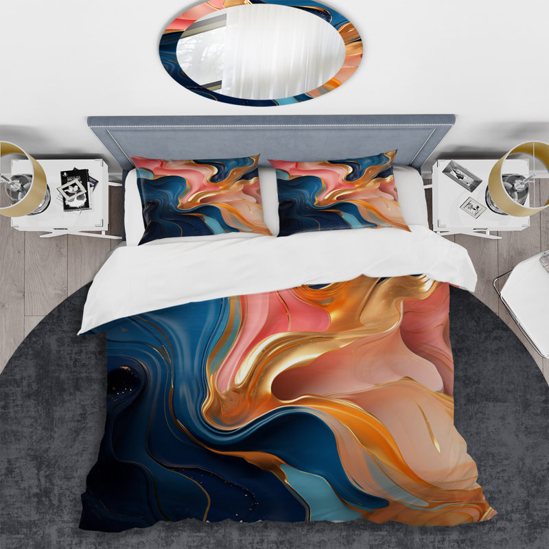 Ensemble de housse de couette à encre liquide rose et or, Housse de couette pour grand lit et 2 taies décor