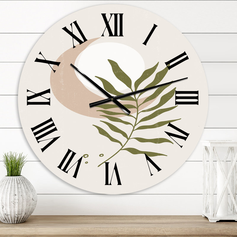 Lune géométrique abstraite avec feuille II - horloge murale moderne, Moyen