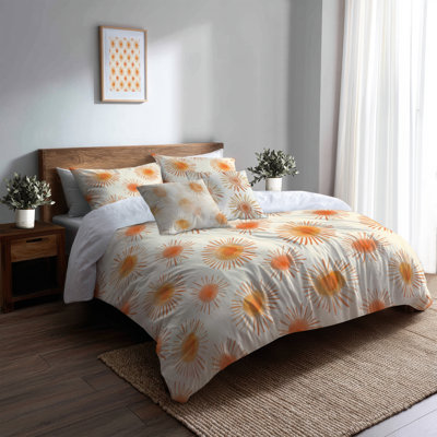 Starburst 5 Pcs Bedding Set - Orange Boho Sun Minimal Duvet Cover And Throw Pillow Set