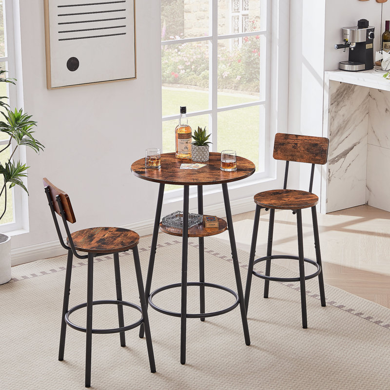 Round Bar Stool Set With Shelves, Stool With Backrest Rustic Brown