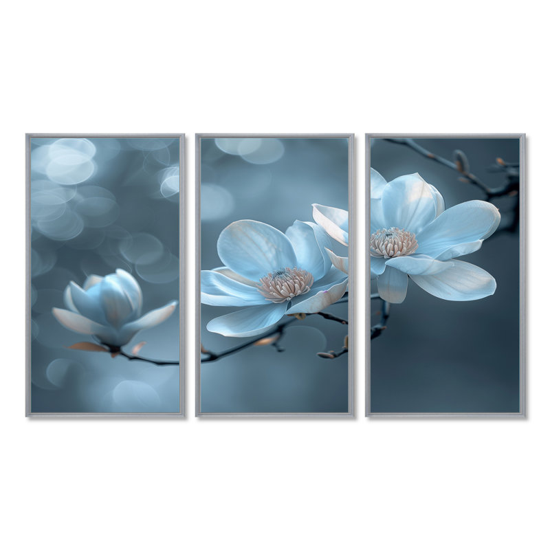 Blanc, gris, nuit, nirvana, magnolia photo I - ensemble d'art mural Magnolias, Toile argentée avec cadre flottant