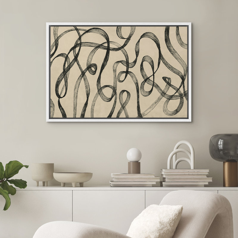 Dessin au trait abstrait sur fond beige - motif mural gribouillis moderne, impression graphique minimaliste encadrée pour intérieurs contemporains ou urbains