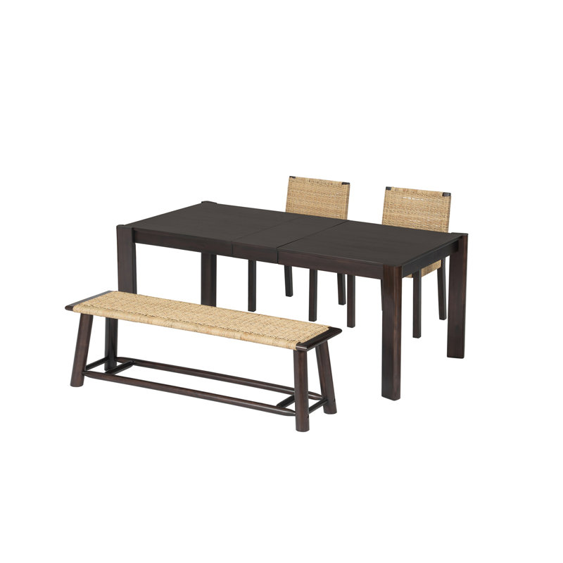 Modern Farmhouse Extendable Dining Table Set with Solid Wood Rattan Chairs – Expandable 59" to 73" for 4-8 Guests, Walnut