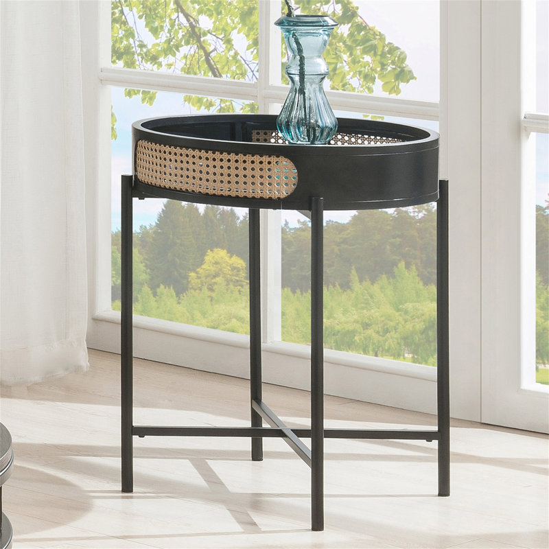Table de bout ronde avec plateau ouvert et pieds en métal au fini noir