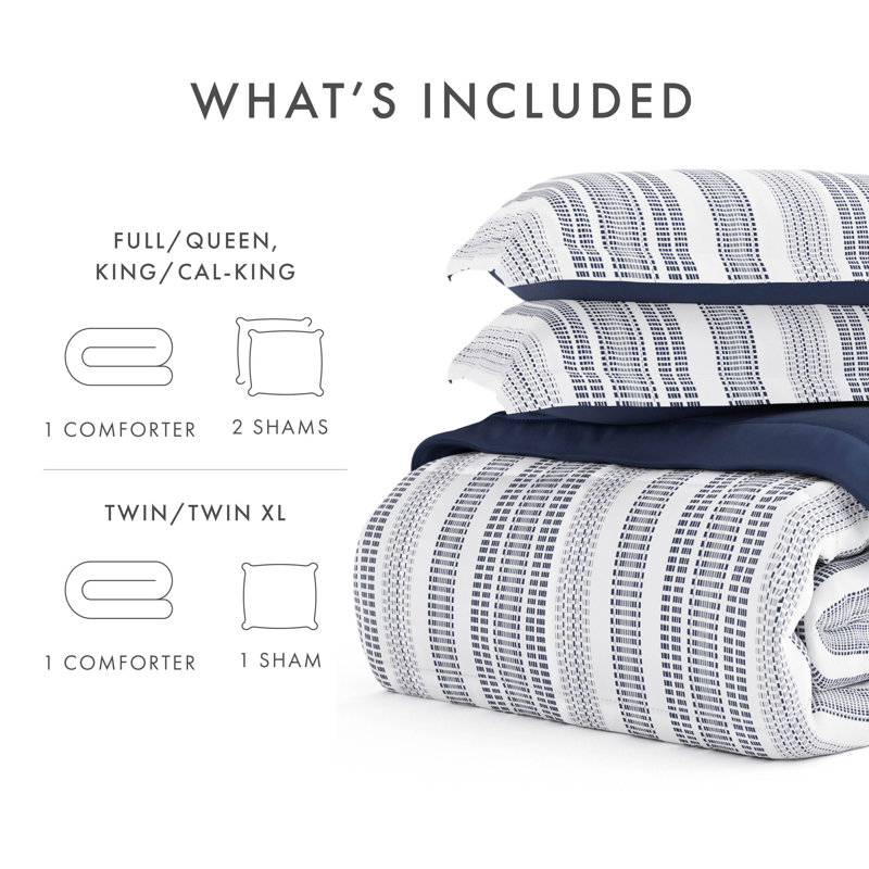 Down Alternative Farmhouse Dreams Reversible Comforter Set, Full / Queen Comforter + 2 Shams, Geometric Blue/White/Navy