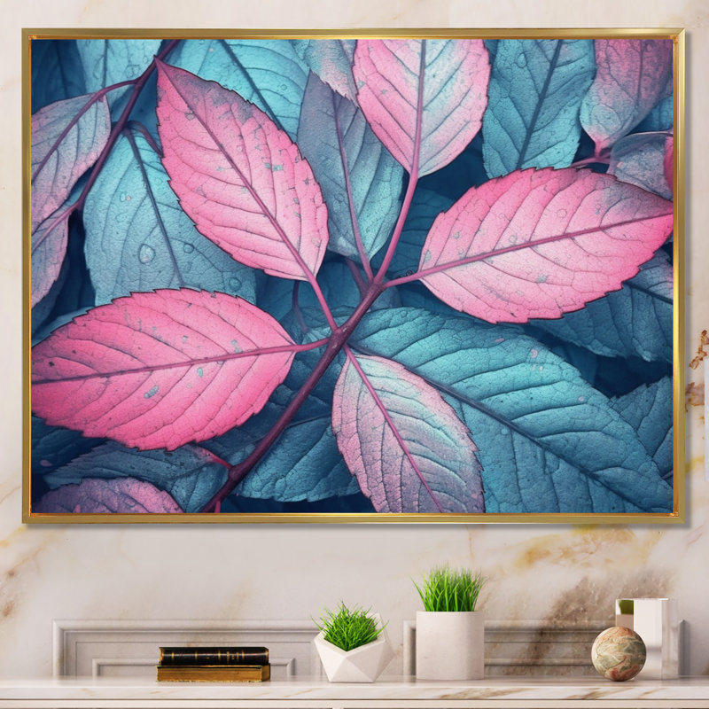 "Pink Teal Leaf Of Splendor", reproduction d'art sur toile, Cadre flottant doré, H 12 po x l 20 po x P 1 po
