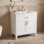 Meuble-lavabo minimaliste sur pied avec lavabo en céramique, tiroir basculant, tablette réglable et portes à fermeture douce.