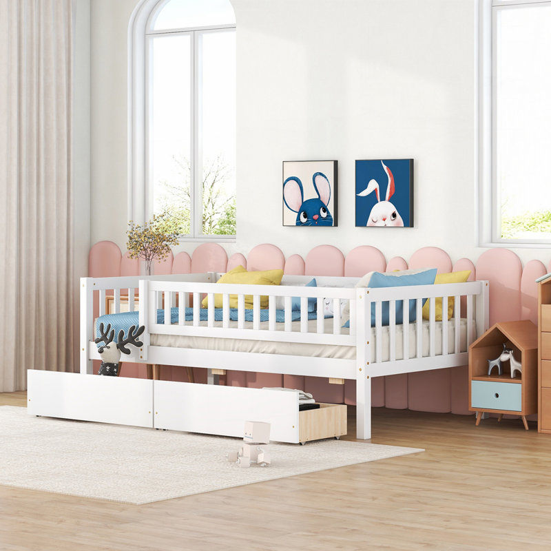 Lit en bois avec 2 tiroirs, Simple, Blanc