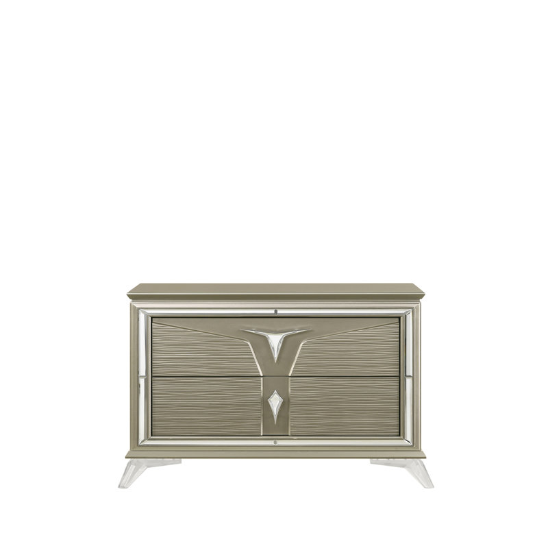 Stylish Wood Nightstand with Mirrored Accents and Spacious Drawers for Bedroom Decor