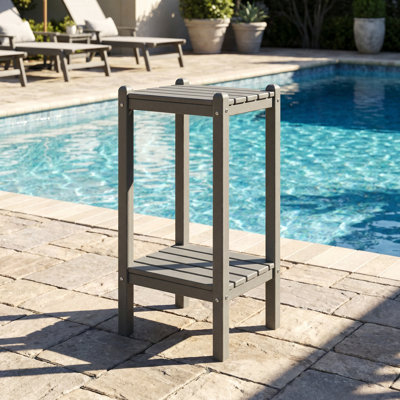 Outdoor HDPE Double-Layer Side Table – Gray Patio End Table With Storage Shelf, All-Weather, Low-Maintenance & Heavy-Duty Outdoor Table
