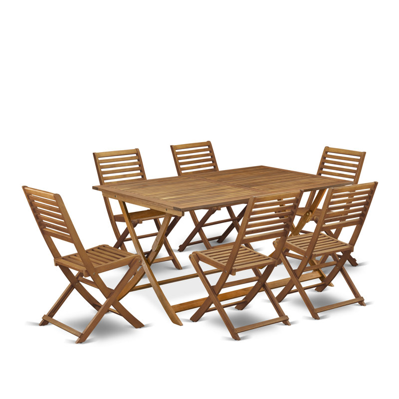 7 Piece Bistro Table Set Outdoor- Great for The Beach, Camping, Picnics - Wonderful Wood Folding Table with 6 Arms Less Modern Dining Chairs- Natural Oil Finish