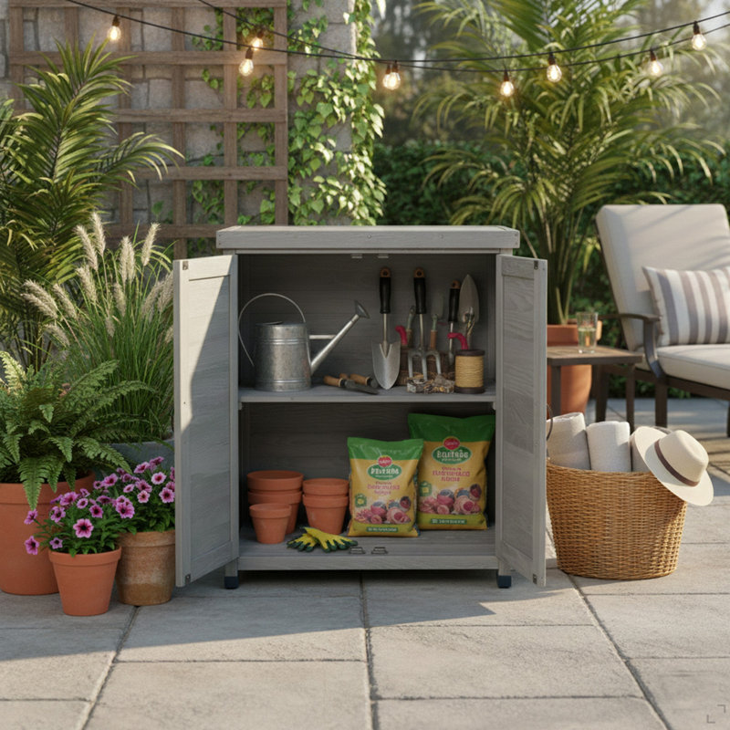 Banc de rempotage avec armoire de rangement et plateau de table en métal pour patio extérieur, table de poste de travail extérieur