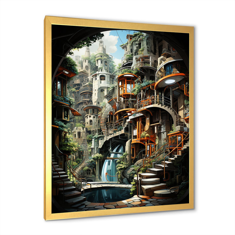 Animations, ville futuriste - salon d'art mural, Cadre doré simple, H 20 po x l 12 po x P 1 po