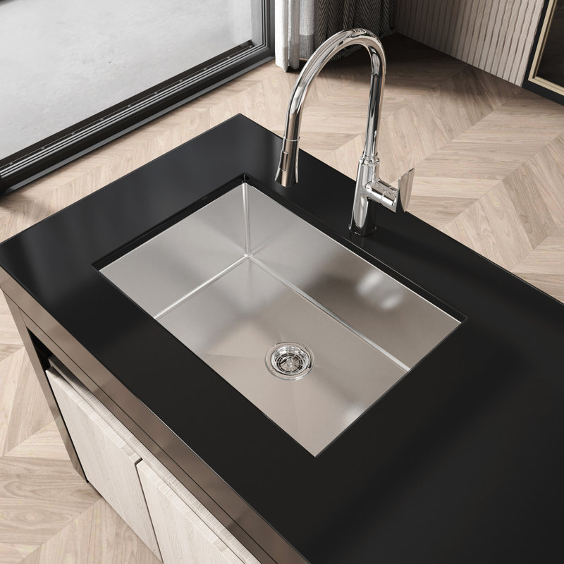 Modern Undermount Kitchen Sink 27" X 19" - Stainless Steel With System For Efficient Water Removal 304 Gray Nano Finish Practical Performance And R10 Rounded Corners