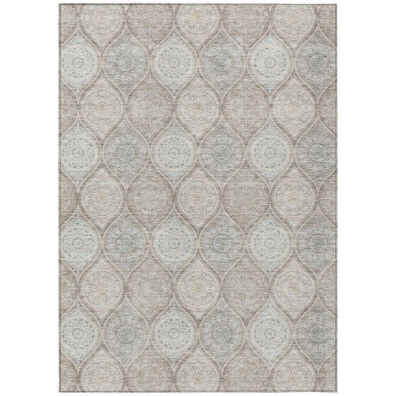 Tapis intérieur / extérieur 9 pi x 12 pi beige et kaki à motif de médaillons lavables