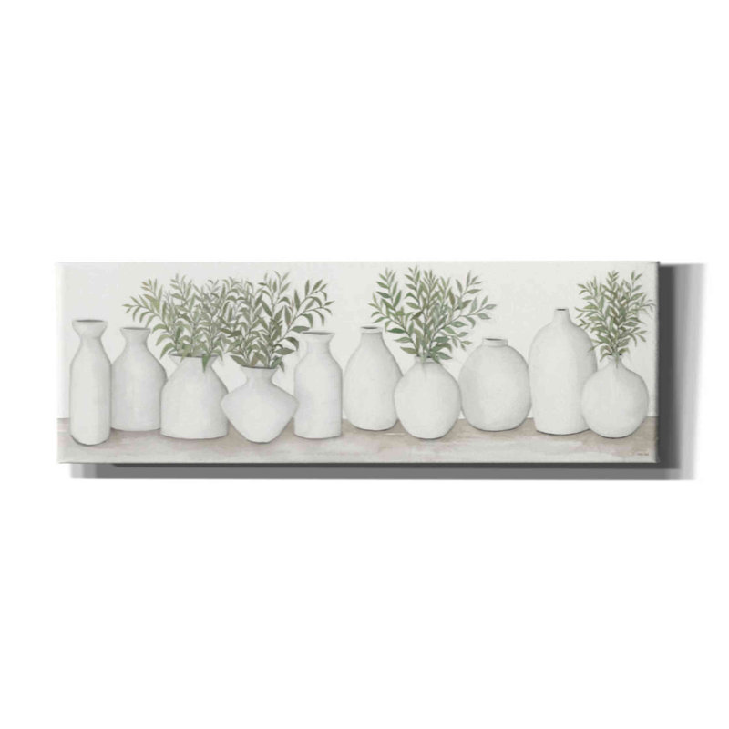 «White Vases Still Life» par Cindy Jacobs, art mural sur toile, H 12 po x l 36 po x 1,5 po