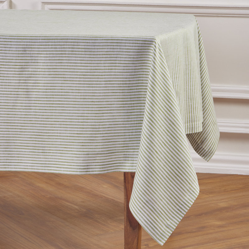 Narrow Stripe - 100% Pure Linen Tablecloth, Avocado/White, 144" L x 60" W, Narrow Stripe