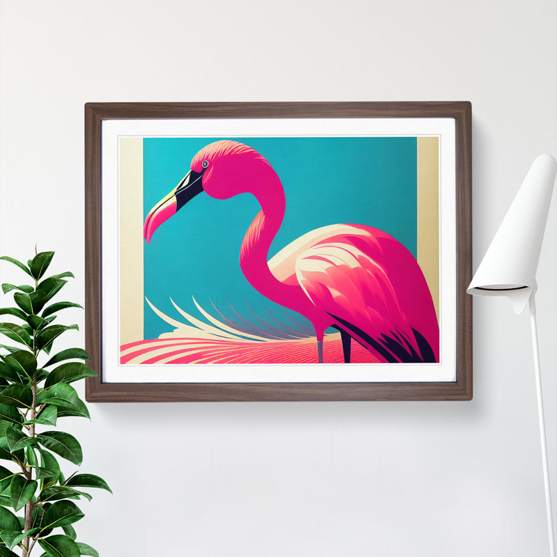 Delightful Flamingo - Single Picture Frame Print, 25cm H x 34cm W x 2cm D, Walnut