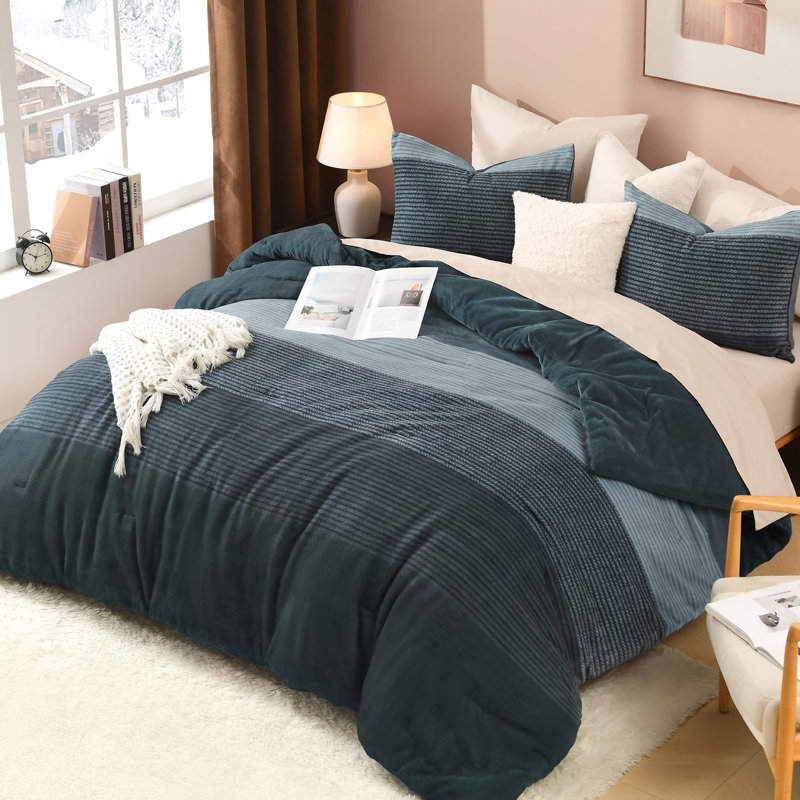 Ensemble d'édredon en molleton très moelleux Andency, ensembles d'édredon moelleux à rayures pelucheuses de luxe, ensemble de lit en fausse fourrure à poils longs et chauds toutes saisons (1 édredon, 2 taies d'oreiller)