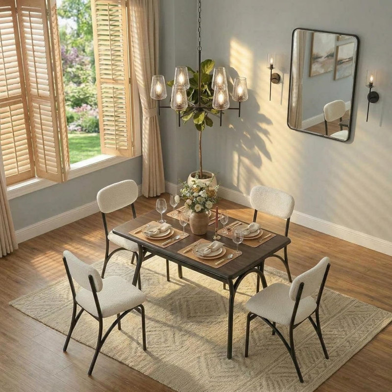 Ensemble de salle à manger 5 pièces Modern - plateau de table rectangulaire en marbre, étagère de rangement, 4 fauteuils bouclés rembourrés, meubles de cuisine et de salle à manger peu encombrants pour petits appartements - d'inspiration incolore + noir