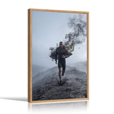 Man Running on Rocky Trail with Smoke Effect Canvas Wall Art