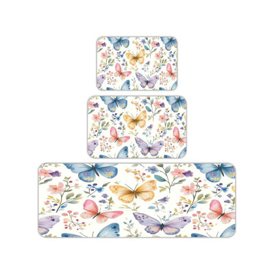 Watercolor Butterfly Floral Print 3 Pcs Kitchen Mat For Kitchen, Bedroom, Multicolor White