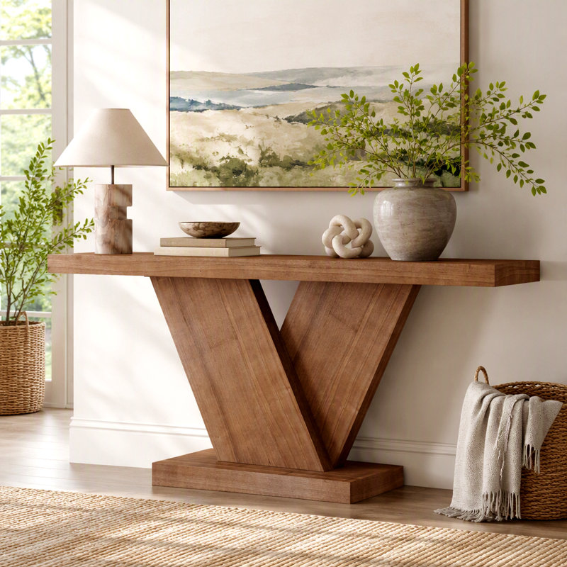 Console de style moderne à 66 pieds en X avec placage en bois massif, table de couloir d'entrée robuste pour les petits espaces, table de chevet étroite de style Mid-Century avec design géométrique et plateau large