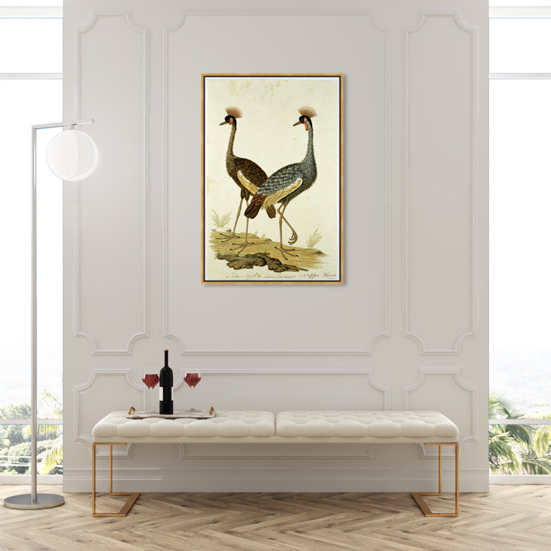 Animaux, couronnes et grues - Peinture sur toile, Cadre doré, H 30 po x l 45 po
