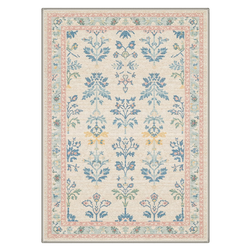 Allsop Verdure Vintage Floral Machine Washable Beige / Blue / Pink Indoor Area Rug with Non-Slip Backing, Rectangle 5' x 7'
