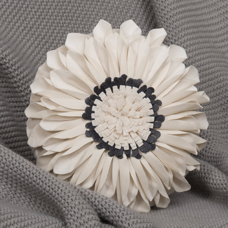 Appliqued Throw Pillow 3D Sunflower Accent Pillow Cover & Insert, Square 14", Ivory-Velvet