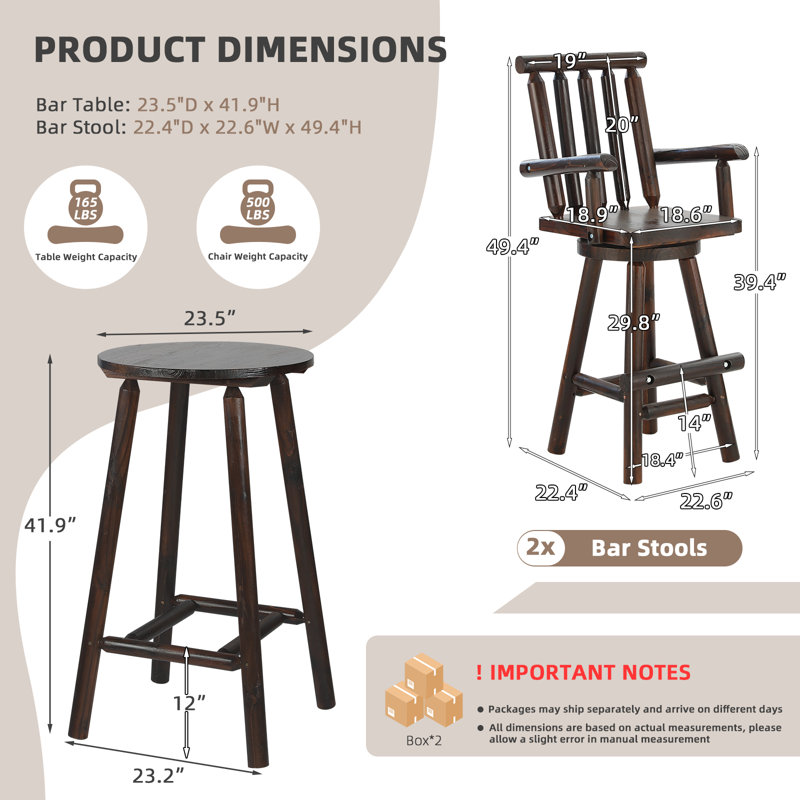 3-Piece Outdoor Bar Set, Solid Log Wood Swivel Adirondack Chairs Set Of 2 With Bar Height Table, 500 Lbs Heavy Duty Rustic Patio Bistro Set For Porch, Deck, Pub, Cabin, Carbonized