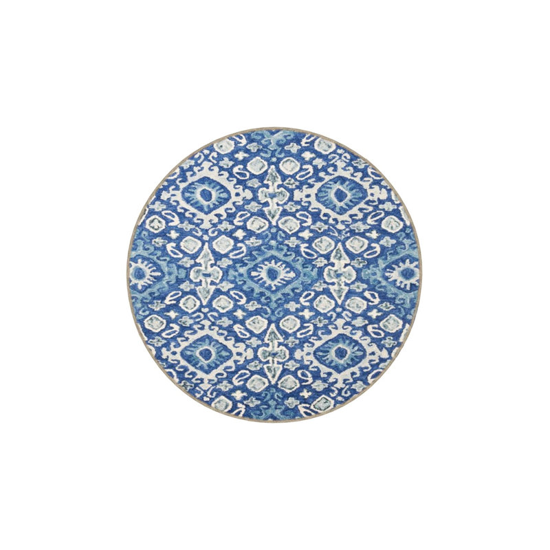 White Blue Round Diamond Decorative Washable Carpet, Round 5'