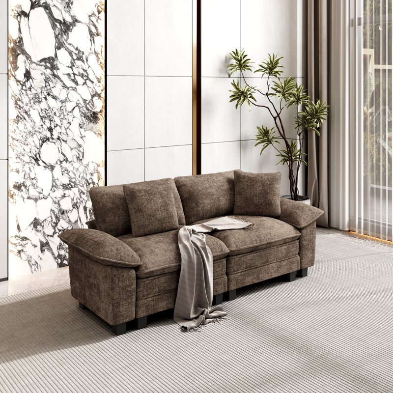 Canapé modulaire 88 places pour salon, canapé 2 places à assise profonde avec coussin décoratif, Chenille brun, 2