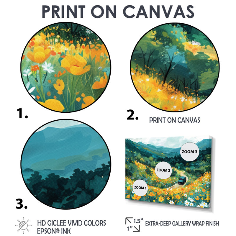 «Green Mountain Summer Flower Meadows I» - paysage mural montagnes, Toile avec cadre flottant noir