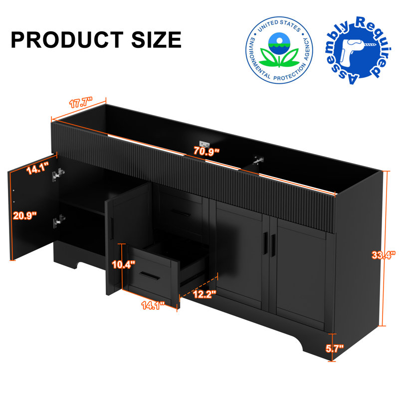Base de meuble-lavabo double 72 po sur pied, peinte à la main, lavabo non inclus, assemblage requis, Noir, noir, noir, noir