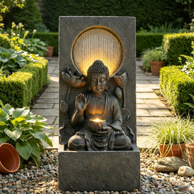 28" Buddha Waterfall Fountain with LED Lights, Outdoor Zen Garden Water Feature, Resin Graden Statue Fountain for Patio