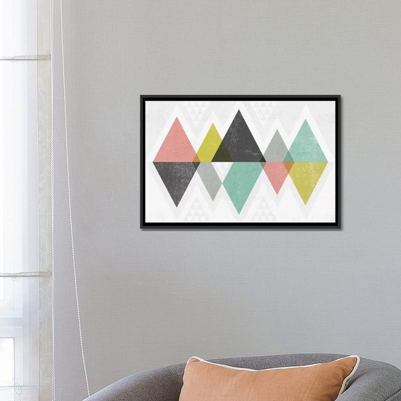 « mod triangles ii », impression sur toile tendue, H 18 po x l 26 po x P 1,5 po, Toile avec cadre noir, Pas de tapis