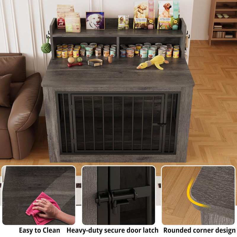 Caisse pour chien 43,3 pouces avec rangement et 4 crochets, Moyen (H 41,1 po x l 43,3 po x P 29,9 po), Gris