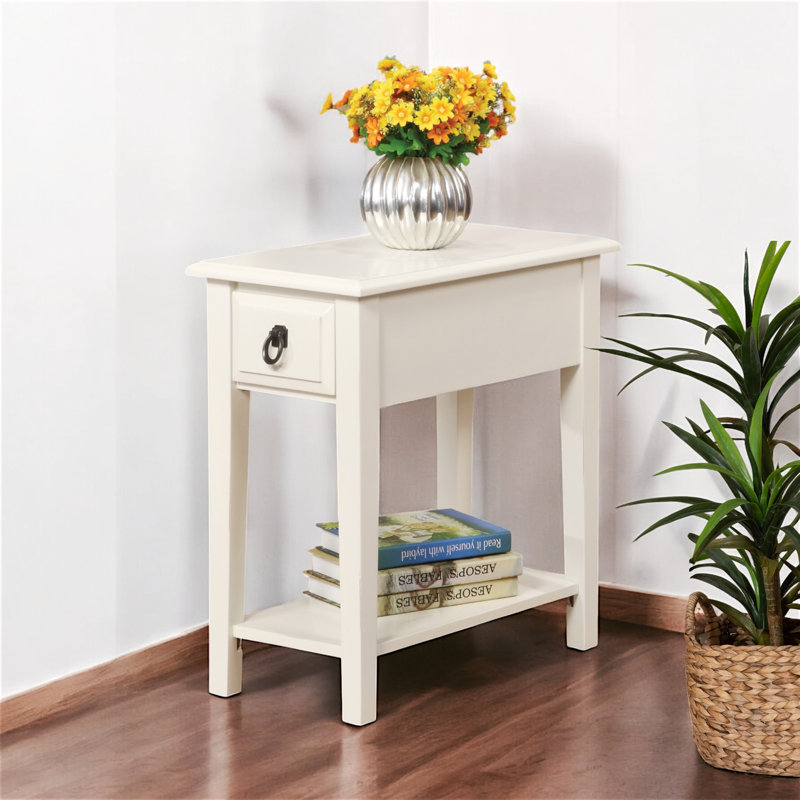 Table d'appoint Jacaranda - finition blanche avec tiroir de rangement, tablette inférieure, pieds droits, table d'appoint polyvalente pour la maison